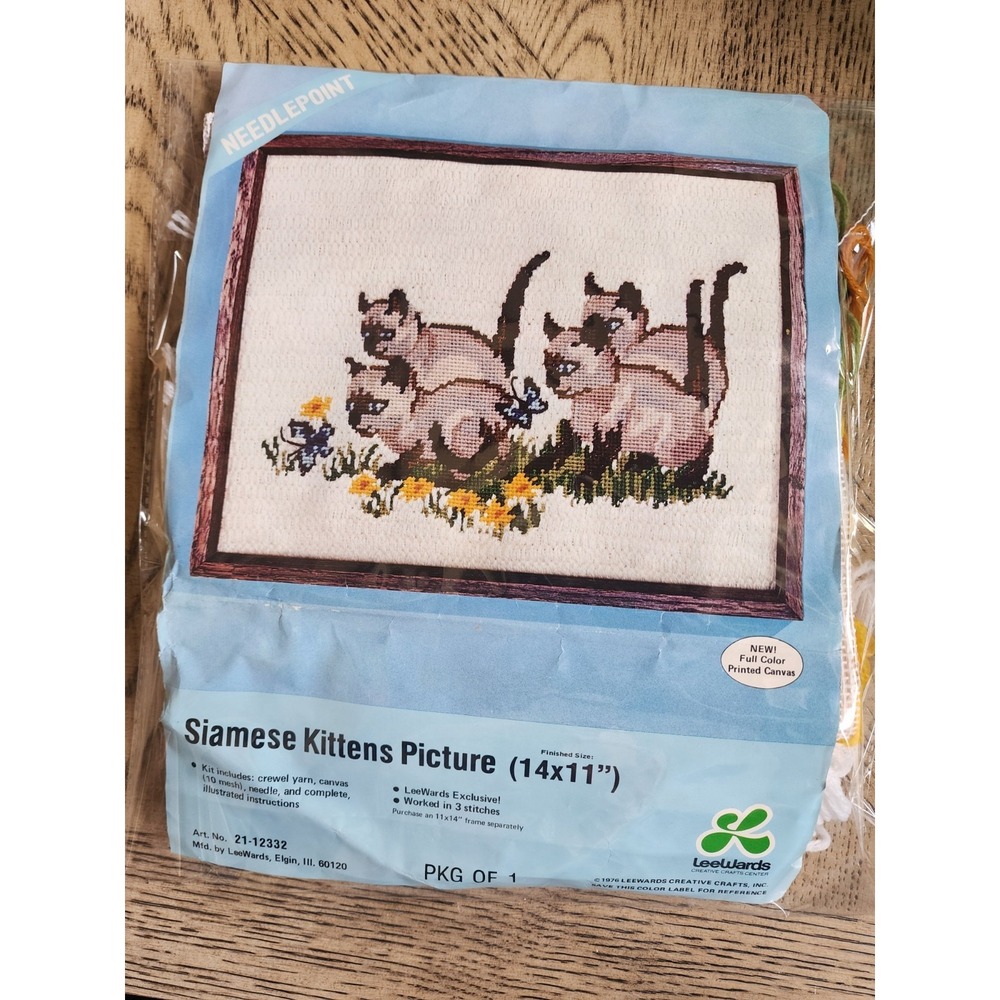 Vintage Siamese Kittens Cats Picture Needlepoint Lee Wards 1976 Embroidery New